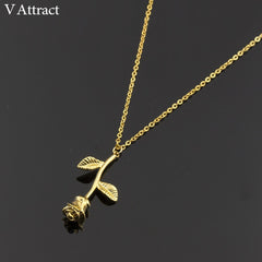 V Attract Collier Femme Stainless Steel Long Chain Collier Pink Rose Flower Statement Necklace Women Jewelry Maxi Choker
