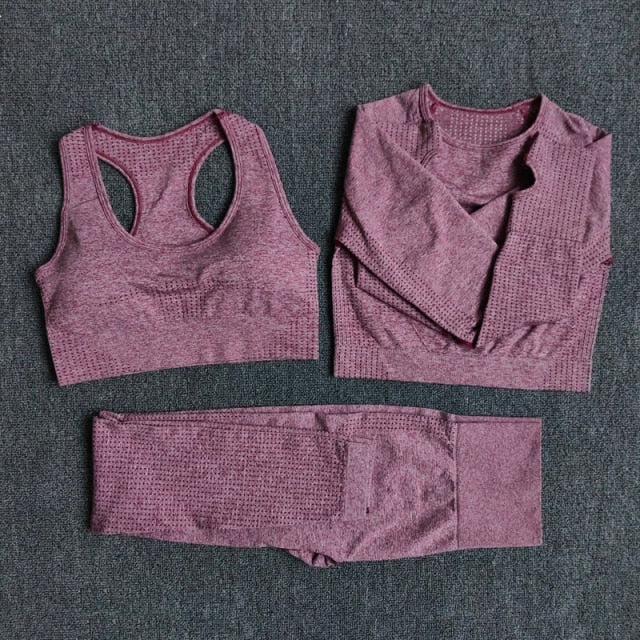 Women Seamless Yoga Set Fitness Sports Suits Gym Clothing Long Sleeve Crop Top Shirts High Waist Running Leggings Workout Pants