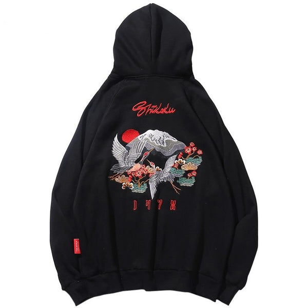 Men Hip Hop Streetwear Hoodie Harajuku Embroidery Crane Kanji | Vimost Shop.
