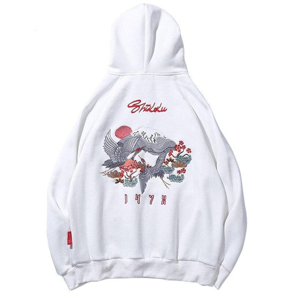 Men Hip Hop Streetwear Hoodie Harajuku Embroidery Crane Kanji | Vimost Shop.