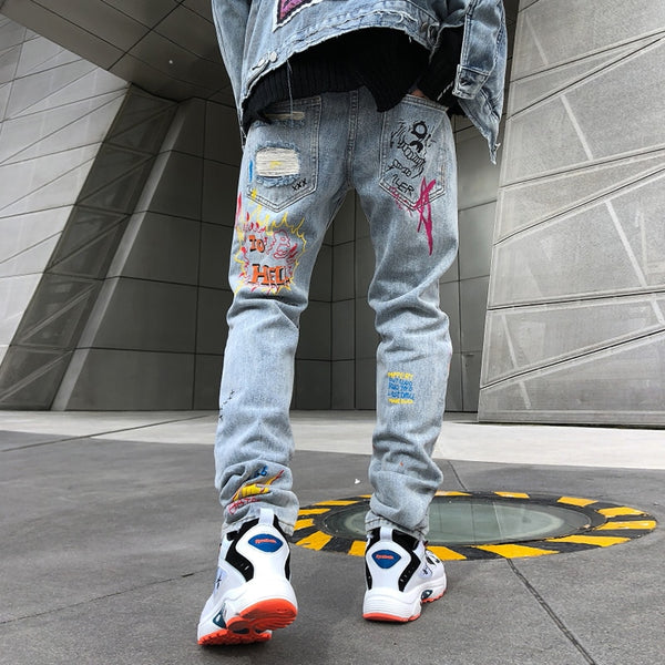 Men Broken Hole Trousers Cute Letter Print Jeans High Street Casual Streetwear | Vimost Shop.