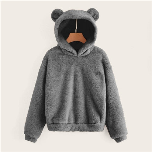 Preppy Lovely With Bears Ears Solid Teddy Hoodie Pullovers Sweatshirt Campus Casual Sweatshirts | Vimost Shop.