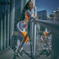 Women Long Sleeve CropTop Slim Outfit Tracksuit Two Pieces Set letter Print High elastic Skinny Leggings Female Sportswear