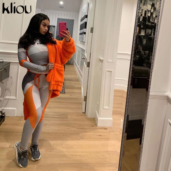 Women Long Sleeve CropTop Slim Outfit Tracksuit Two Pieces Set letter Print High elastic Skinny Leggings Female Sportswear | Vimost Shop.