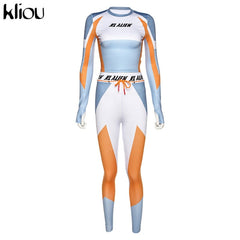 Women Long Sleeve CropTop Slim Outfit Tracksuit Two Pieces Set letter Print High elastic Skinny Leggings Female Sportswear