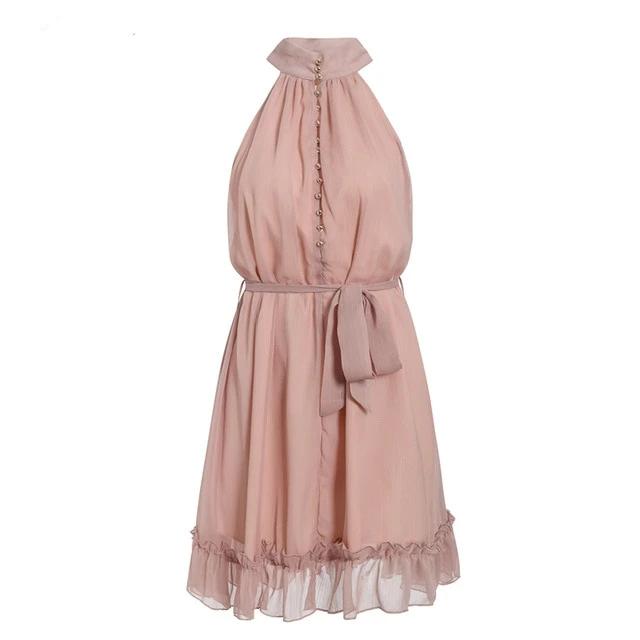 Sexy sleeveless women dress Solid ruffled sash buttons party summer dress | Vimost Shop.