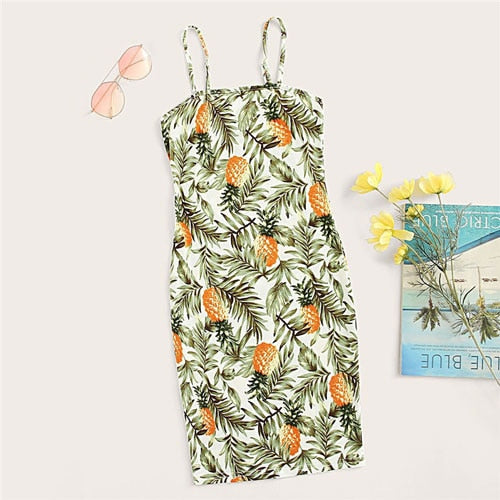 Allover Pineapple Tropical Print Cami Dress Multicolor Sleeveless Sheath Mini Dresses Women Summer Vacation Beach Dress | Vimost Shop.