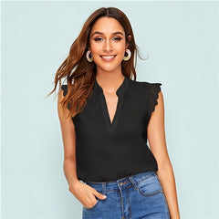 V-Placket Lace Trim Shell Top Elegant V neck Stand Collar Summer Sleeveless Womens Tops and Blouses