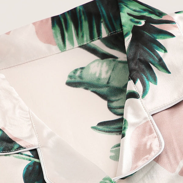 Tropical Print Satin Pajama Set Casual Sleep Wear Shorts Sets Short Sleeve Pocket Women Summer Pajama Set | Vimost Shop.