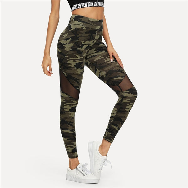 Multicolor Mesh Insert Camo Print Leggings Sporting Patchwork Sheer Crop Pants Women Autumn Athleisure Leggings | Vimost Shop.