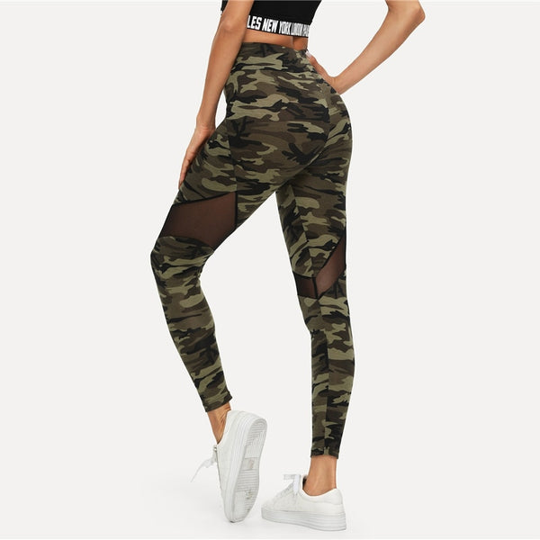 Multicolor Mesh Insert Camo Print Leggings Sporting Patchwork Sheer Crop Pants Women Autumn Athleisure Leggings | Vimost Shop.