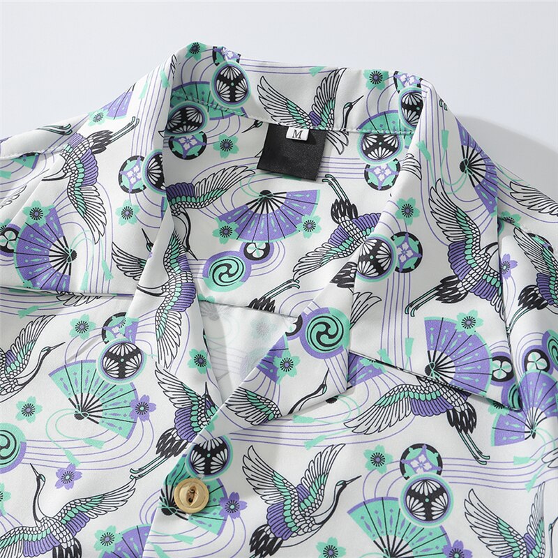 Japanese Style Crane Hawaiian Shirts Streetwear Hip Hop Casual Beach Camisas Shirt Fashion Harajuku White Men Tops | Vimost Shop.