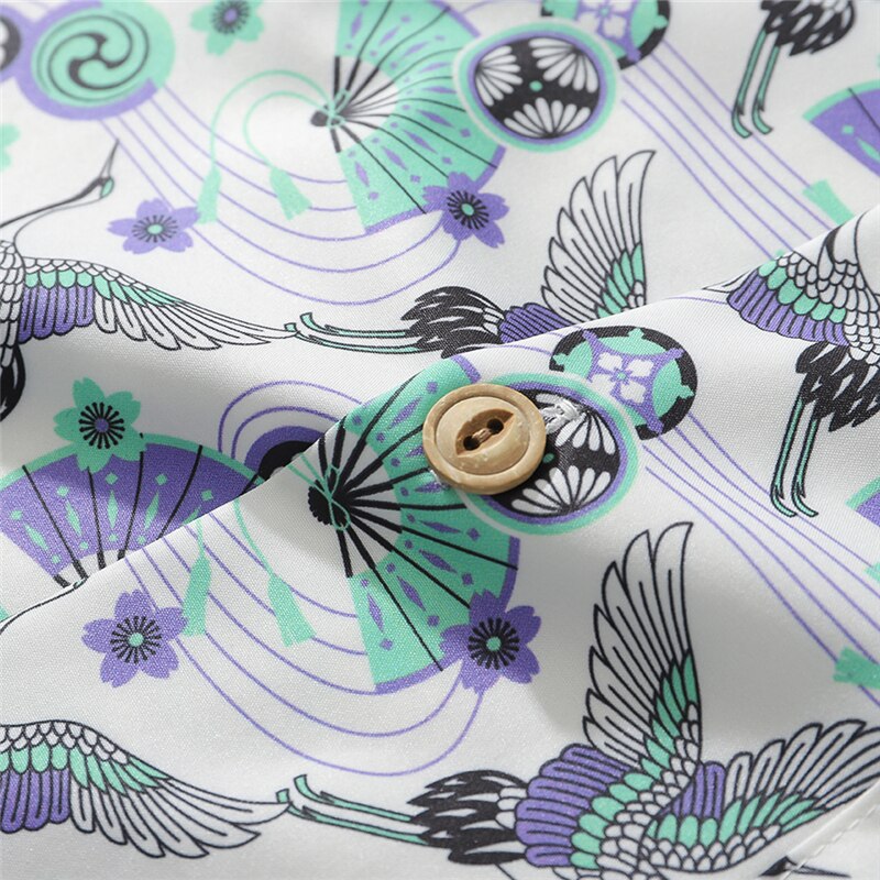 Japanese Style Crane Hawaiian Shirts Streetwear Hip Hop Casual Beach Camisas Shirt Fashion Harajuku White Men Tops | Vimost Shop.