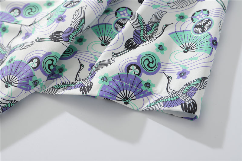 Japanese Style Crane Hawaiian Shirts Streetwear Hip Hop Casual Beach Camisas Shirt Fashion Harajuku White Men Tops | Vimost Shop.