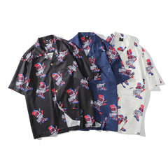 Fashion Style Full Robot Print Hawaiian Shirts Streetwear Hip Hop Casual Beach Camisas Shirt Harajuku White Men Tops