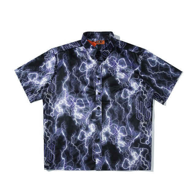 Full Lightning Print Short Sleeve Hawaiian Shirt Summer Casual Floral Button Tropical Beach Hawaii Camp Oversized Shirt | Vimost Shop.