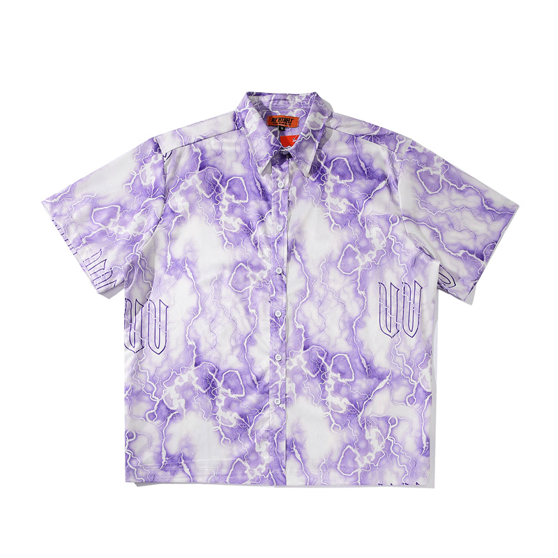 Full Lightning Print Short Sleeve Hawaiian Shirt Summer Casual Floral Button Tropical Beach Hawaii Camp Oversized Shirt | Vimost Shop.
