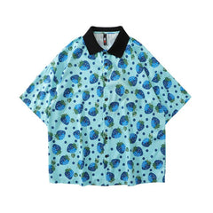 Strawberry Print Harajuku Shirt Mens Hip Hop Streetwear Hawaiian Shirt Fashion Oversized Short Sleeve Korean Red Tops