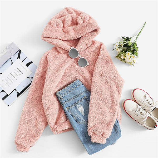 Preppy Lovely With Bears Ears Solid Teddy Hoodie Pullovers Sweatshirt Campus Casual Sweatshirts | Vimost Shop.