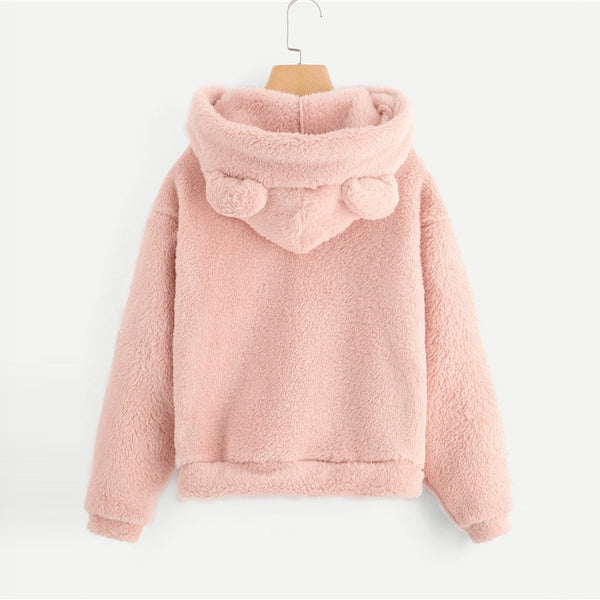 Preppy Lovely With Bears Ears Solid Teddy Hoodie Pullovers Sweatshirt Campus Casual Sweatshirts | Vimost Shop.