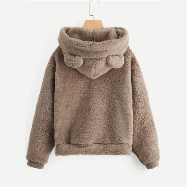 Preppy Lovely With Bears Ears Solid Teddy Hoodie Pullovers Sweatshirt Campus Casual Sweatshirts | Vimost Shop.