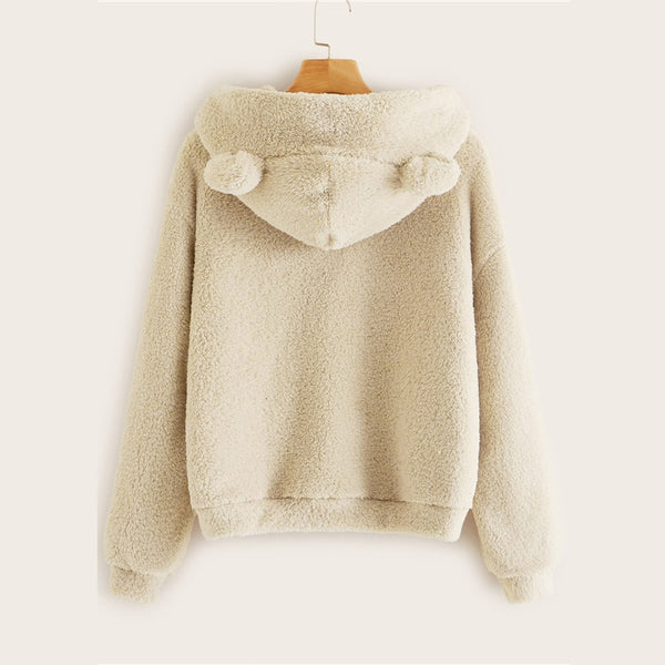 Preppy Lovely With Bears Ears Solid Teddy Hoodie Pullovers Sweatshirt Campus Casual Sweatshirts | Vimost Shop.