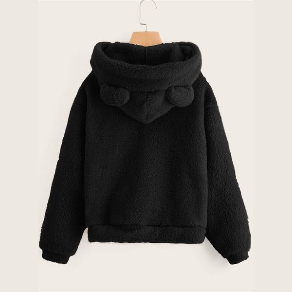 Preppy Lovely With Bears Ears Solid Teddy Hoodie Pullovers Sweatshirt Campus Casual Sweatshirts | Vimost Shop.