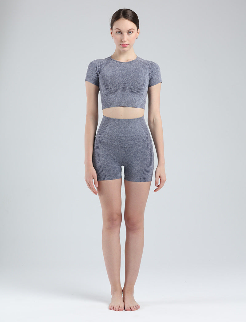 Women Short Sleeve Shirt Yoga Set 2PCS Vital Seamless Sport Suit Gym Clothes Fitness Crop Top Shirt High Waist Shorts Tights | Vimost Shop.