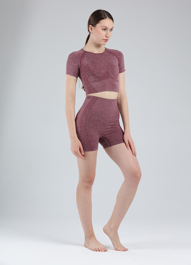 Women Short Sleeve Shirt Yoga Set 2PCS Vital Seamless Sport Suit Gym Clothes Fitness Crop Top Shirt High Waist Shorts Tights | Vimost Shop.