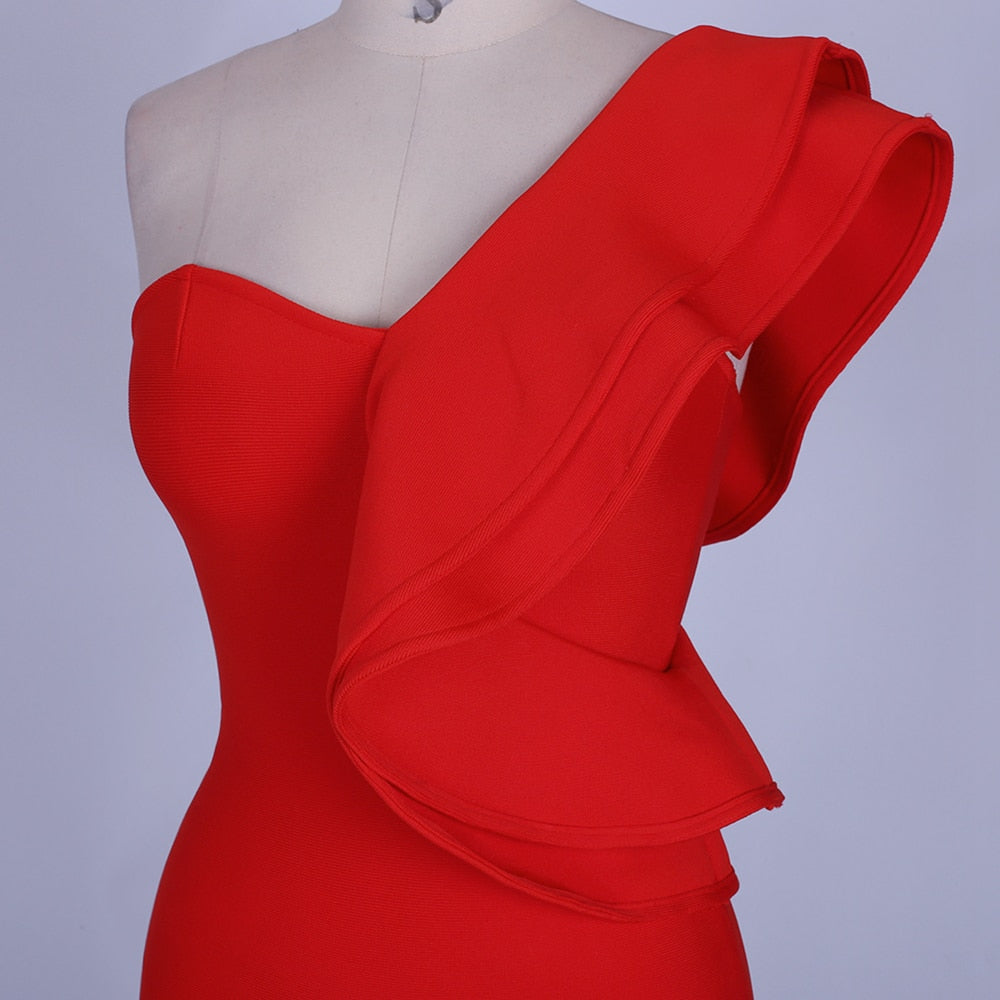 Women One Shoulder Bandage Dress Elegant Ruffles Red Bandage Dress Sexy Party Night Club Dress | Vimost Shop.