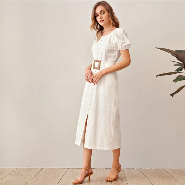 White Puff Sleeve Single Breasted Split Hem Belted Dress Women Summer Short Sleeve O-neck Fitted Boho Long Dresses | Vimost Shop.