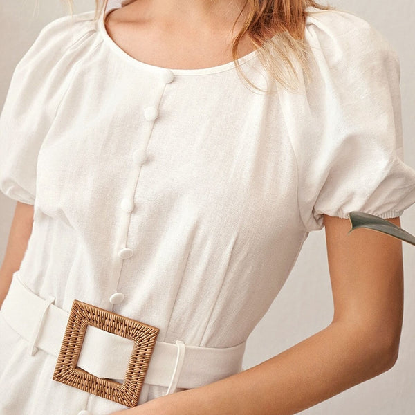 White Puff Sleeve Single Breasted Split Hem Belted Dress Women Summer Short Sleeve O-neck Fitted Boho Long Dresses | Vimost Shop.