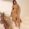 White Puff Sleeve Single Breasted Split Hem Belted Dress Women Summer Short Sleeve O-neck Fitted Boho Long Dresses | Vimost Shop.