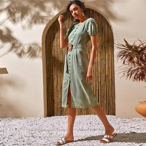 White Puff Sleeve Single Breasted Split Hem Belted Dress Women Summer Short Sleeve O-neck Fitted Boho Long Dresses | Vimost Shop.