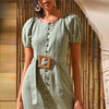 White Puff Sleeve Single Breasted Split Hem Belted Dress Women Summer Short Sleeve O-neck Fitted Boho Long Dresses | Vimost Shop.