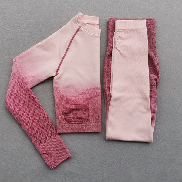 Women Yoga Set Gym Clothing Ombre Seamless Gradient Leggings+Long sleeve Top Workout Sport Suit Women Fitness Set Active Wear | Vimost Shop.