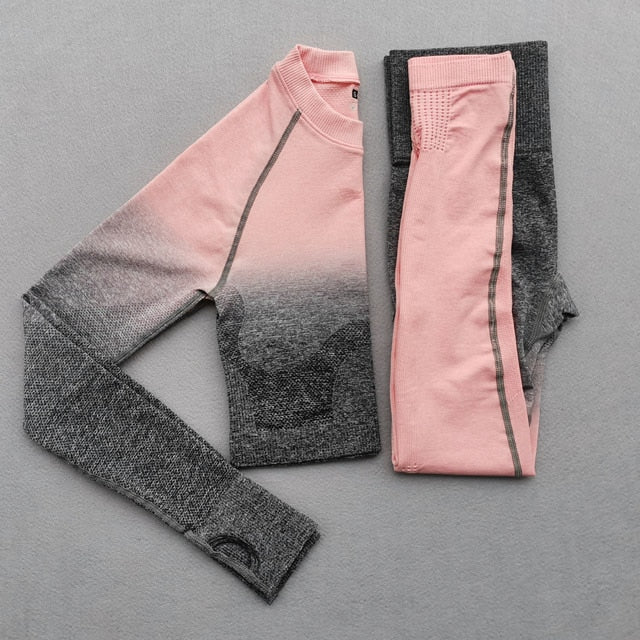 Women Yoga Set Gym Clothing Ombre Seamless Gradient Leggings+Long sleeve Top Workout Sport Suit Women Fitness Set Active Wear | Vimost Shop.
