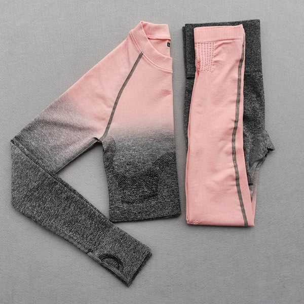 Women Yoga Set Gym Clothing Ombre Seamless Gradient Leggings+Long sleeve Top Workout Sport Suit Women Fitness Set Active Wear | Vimost Shop.