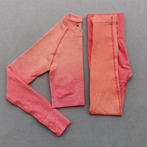 Women Yoga Set Gym Clothing Ombre Seamless Gradient Leggings+Long sleeve Top Workout Sport Suit Women Fitness Set Active Wear | Vimost Shop.