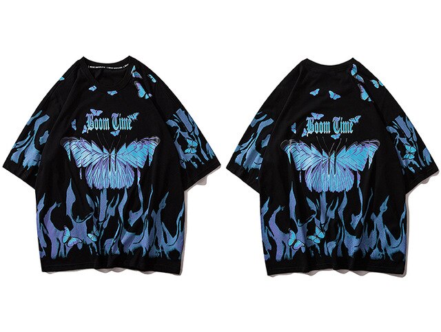 Hip Hop Blue Flame Butterfly Printed T Shirt Men Harajuku Fashion Streetwear Short Sleeve Casual Cotton Tops Tees | Vimost Shop.