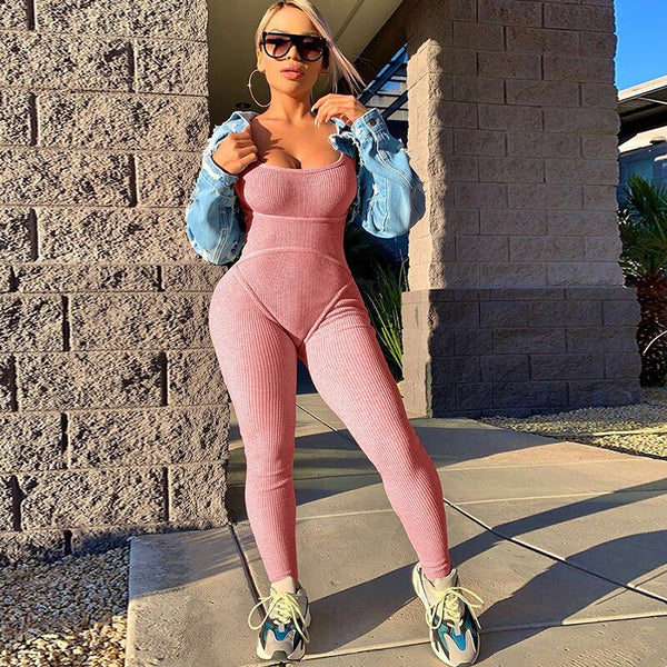 Sportwear Jumpsuit Knit Rib Bodycon Solid Streetwear Outfit Casual Pants Bodycon Fitness Rompers Womens Jumpsuit Summer | Vimost Shop.