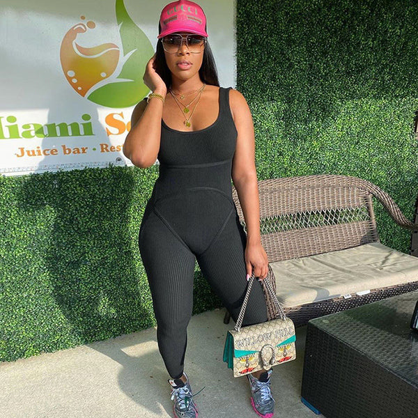 Sportwear Jumpsuit Knit Rib Bodycon Solid Streetwear Outfit Casual Pants Bodycon Fitness Rompers Womens Jumpsuit Summer | Vimost Shop.