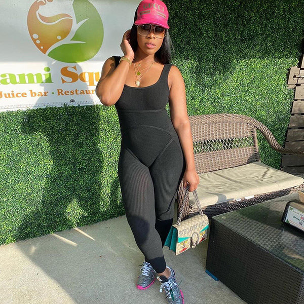 Sportwear Jumpsuit Knit Rib Bodycon Solid Streetwear Outfit Casual Pants Bodycon Fitness Rompers Womens Jumpsuit Summer | Vimost Shop.