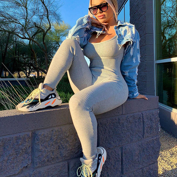 Sportwear Jumpsuit Knit Rib Bodycon Solid Streetwear Outfit Casual Pants Bodycon Fitness Rompers Womens Jumpsuit Summer | Vimost Shop.