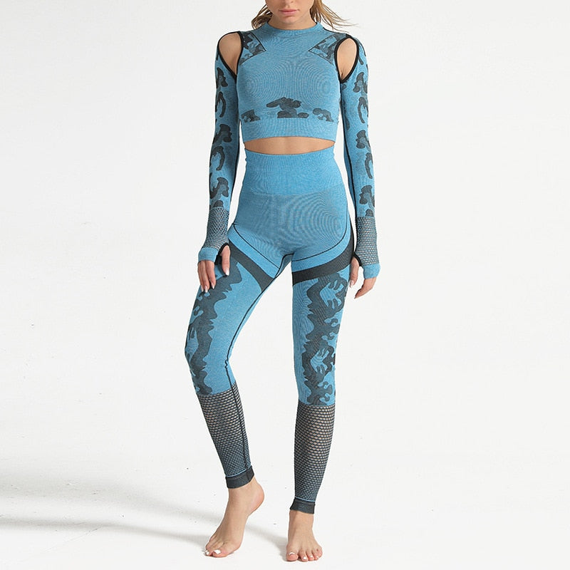 Sport Fitness Seamless Yoga Set Suit Camouflage Workout Clothes Gym for Women Leggings Breathable Long-sleeved Yoga suit | Vimost Shop.
