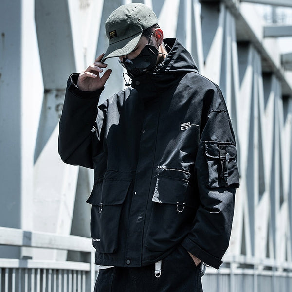 Letter Black Multi-pocket Men's Hip Hop Cargo Jackets Coats Streetwear Cardigan Zipper Casual Techwear Hooded Men Outerwear Top | Vimost Shop.