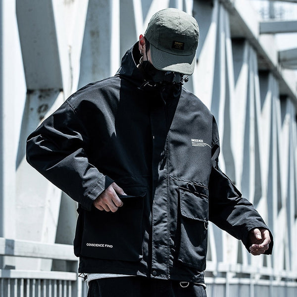 Letter Black Multi-pocket Men's Hip Hop Cargo Jackets Coats Streetwear Cardigan Zipper Casual Techwear Hooded Men Outerwear Top | Vimost Shop.