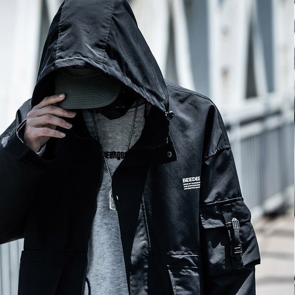 Letter Black Multi-pocket Men's Hip Hop Cargo Jackets Coats Streetwear Cardigan Zipper Casual Techwear Hooded Men Outerwear Top | Vimost Shop.