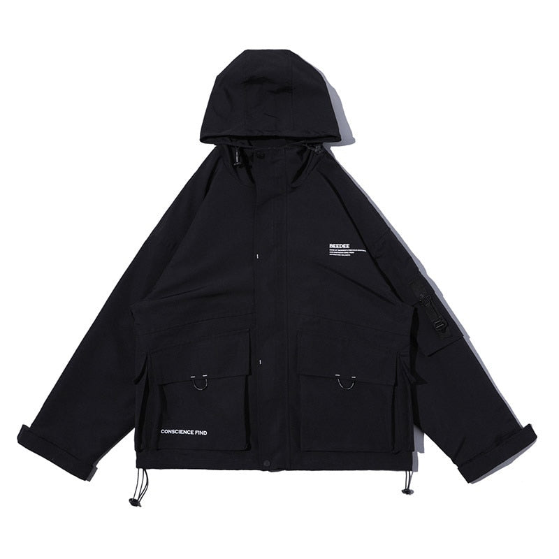 Letter Black Multi-pocket Men's Hip Hop Cargo Jackets Coats Streetwear Cardigan Zipper Casual Techwear Hooded Men Outerwear Top | Vimost Shop.