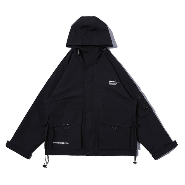 Letter Black Multi-pocket Men's Hip Hop Cargo Jackets Coats Streetwear Cardigan Zipper Casual Techwear Hooded Men Outerwear Top | Vimost Shop.